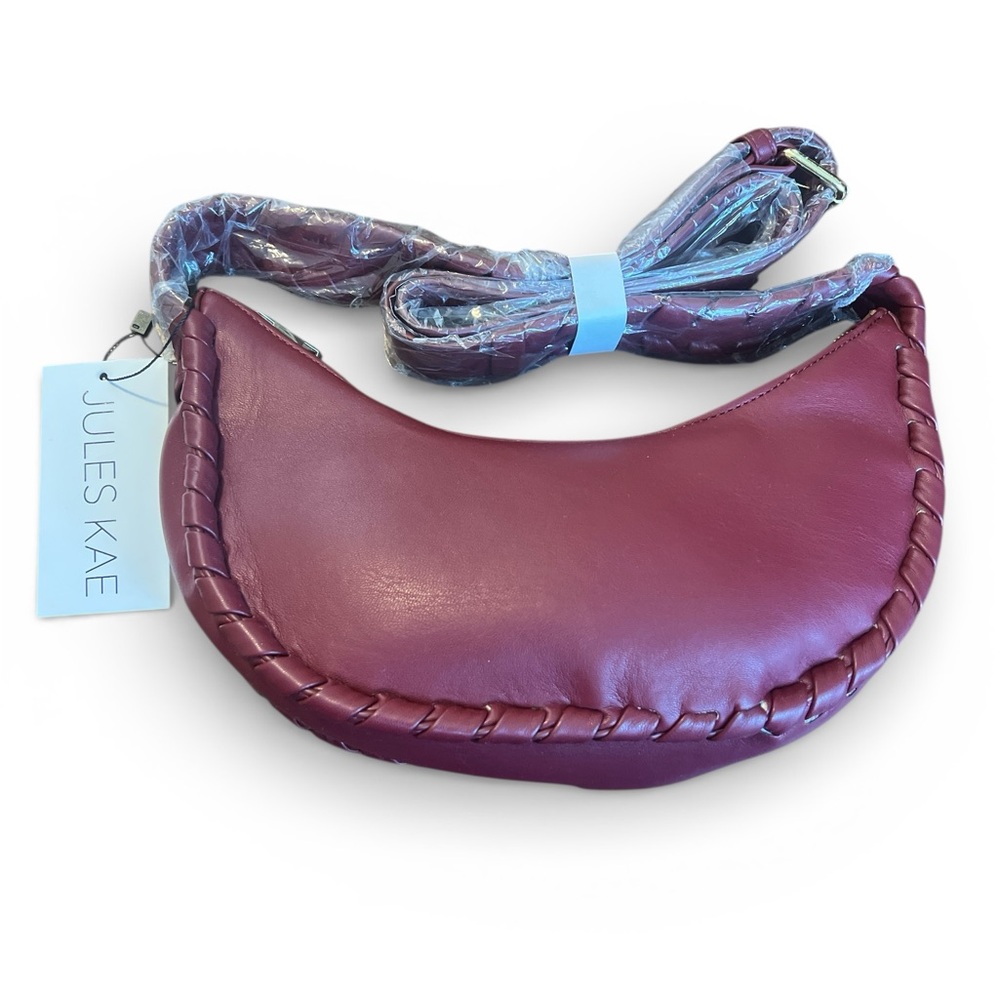 Jules Kae Zoa Red Hobo Shoulder Bag Vegan Dust Bag Whipstitch Crescent Zipper
